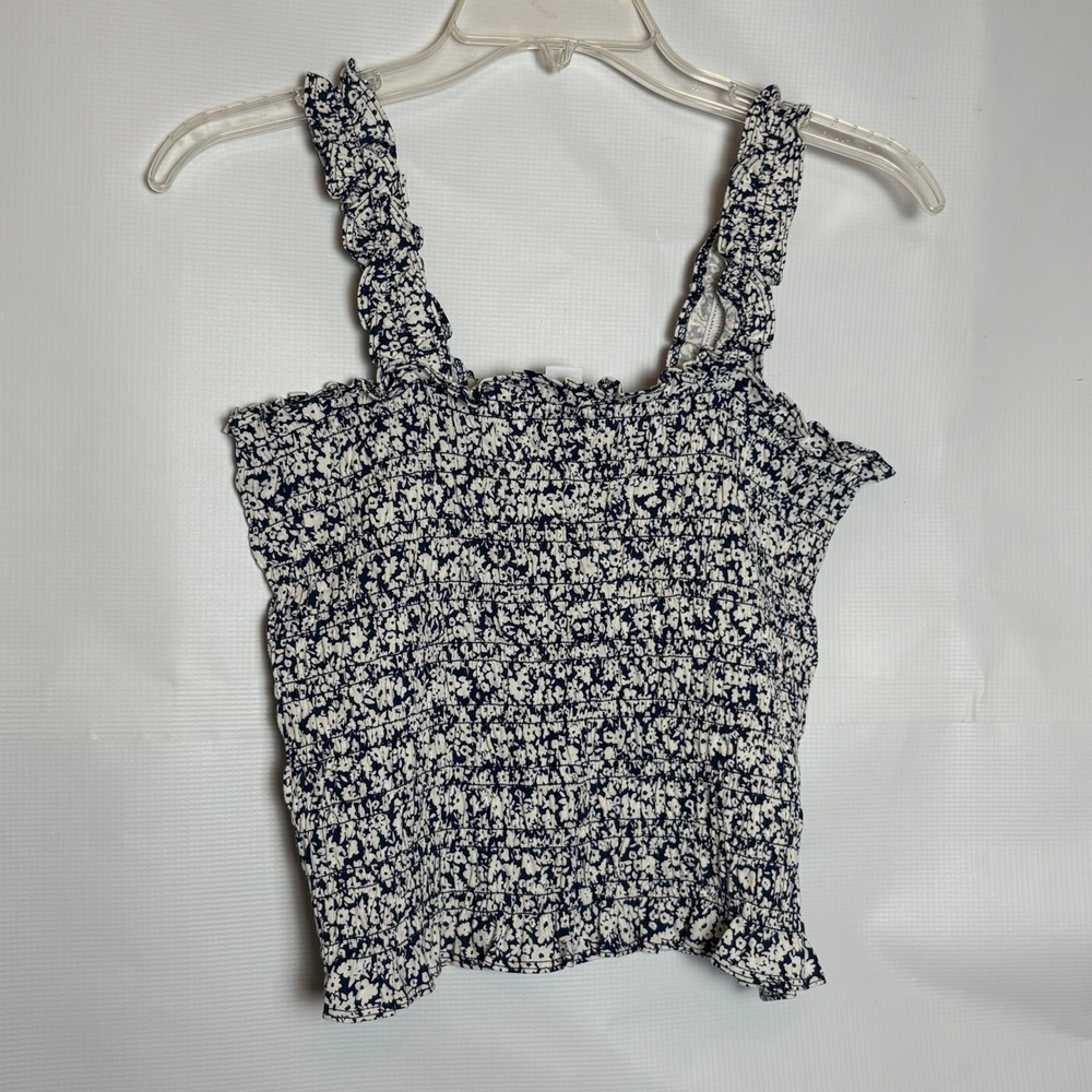 Old Navy Womens Smocked‎ Ruffle Strap Floral Tank Top Navy White Small Cottage